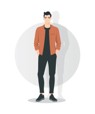 Vektör çizimi. Parlak turuncu ceketli genç bir adam dinamik ve cesur bir aksan ekler. Görüntü modern tarzı ve güveni ifade ediyor..