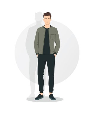 Vektör çizimi. Açık yeşil ceketli, beyaz kazaklı ve siyah pantolonlu bir adam. Bahar yürüyüşleri ya da resmi toplantılar için mükemmel bir görüntü..