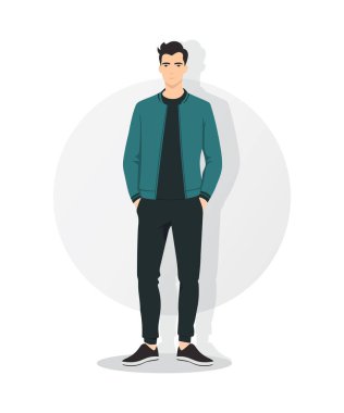 Vektör çizimi. Açık turkuaz ceketli, koyu renk tişörtlü ve siyah pantolonlu bir adam. Modern gündelik tarzla birleştirilmiş zarafet.