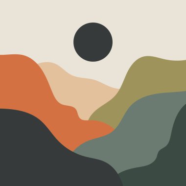 A solar eclipse against the background of bright orange and green mountains, creating a contrasting composition full of dynamics. clipart