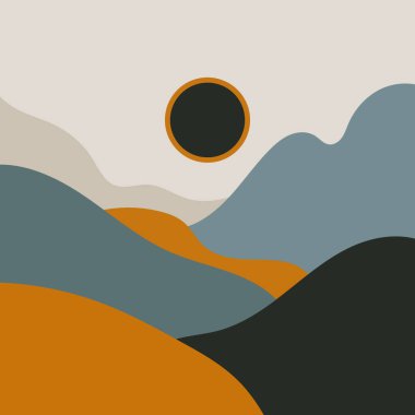 Siyah tutulma mavi ve turuncu yuvarlanan dağların arka planına karşı parlak altın bir halka tarafından çerçevelenmiştir. Uzaya olan hayranlık atmosferi.