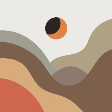 A dark eclipse against the background of mountain waves, warm brown and green tones emphasize the natural harmony and mystery of the plot. clipart