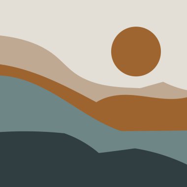 Vektör çizimi. Kahverengi ve mavinin soluk tonlarında karartma, pürüzsüz çizgileri ve uyumlu kompozisyonu olan dağ manzarası.