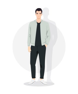Vektör çizimi. Açık yeşil ceketli, beyaz kazaklı ve siyah pantolonlu bir adam. Bahar yürüyüşleri ya da resmi toplantılar için mükemmel bir görüntü..