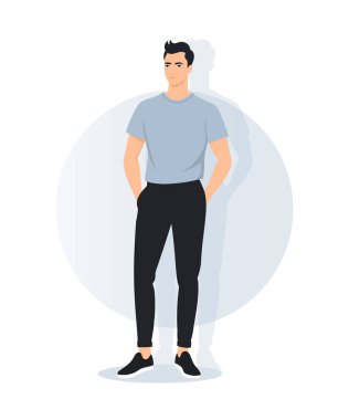 Vektör çizimi. Açık mavi tişörtlü ve siyah pantolonlu genç bir adam sıradan bir poz veriyor. Günlük görünüş için lakonik modern stil.