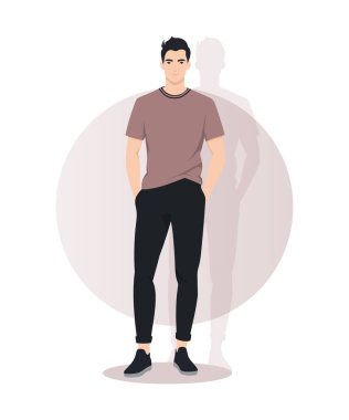 Bordo tişörtlü ve siyah pantolonlu bir adam. Sıcak tonlar görüntüye rahatlık ve güven katar.