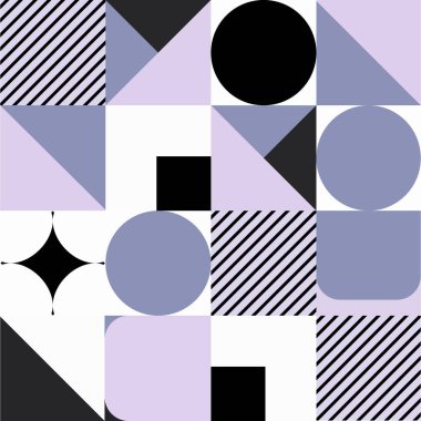 Mor, mavi ve turuncu tonlarda yapılmış büyük daireler, yarı daireler ve çizgiler ile soyut tasarım. Kompozisyon yuvarlak şekiller ve düz çizgiler arasındaki zıtlıklar üzerine kuruludur..