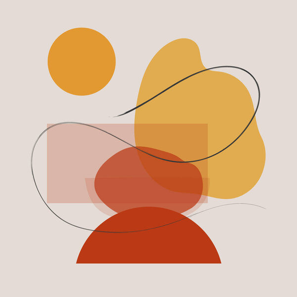 Формы потока, построенные из полупрозрачных оранжевых и бежевых форм гармонично сочетаются с ярким солнцем в верхнем левом углу.