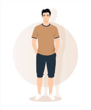 Kahverengi tişörtlü ve koyu şortlu bir adam, tarafsız, sıcak bir arka planda..