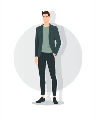 Klasik koyu renk ceketli, beyaz gömlekli, siyah pantolonlu, tarafsız, açık renk arka planlı bir adam..