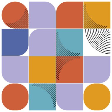 Geometric shapes consisting of colorful squares, circles and semicircles create a retro pattern. clipart