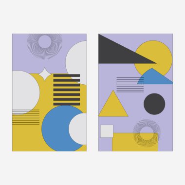 Mor ve sarı tonların şık zıt kombinasyonlarıyla soyut geometrik parçalar.