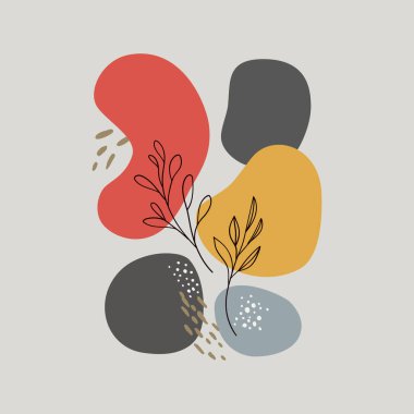 Vektör çizimi. Kırmızı, sarı, gri renkli, bitkisel hatlar ve nokta elementlerle vurgulanmış soyut noktalarla parlak illüstrasyon.