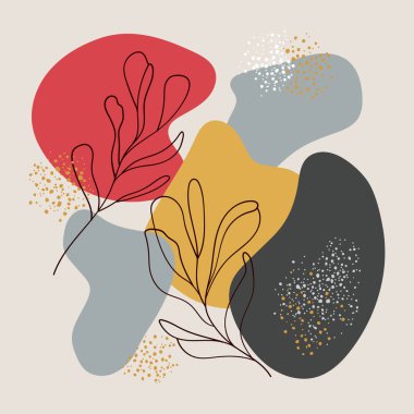 Parlak kırmızı, sarı ve mavi soyut noktaların bileşimi, ince ana hatlı bitkiler tarafından tamamlanır..