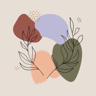 Vektör çizimi. Hassas bitki hatlarıyla süslenmiş, yeşil ve kahverengi tonlarda bir soyutlama. Doğallık ve hafiflik duygusu kompozisyona hakim olur..