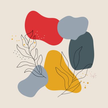 Vektör çizimi. Kırmızı, mavi, sarı ve gri noktalı parlak soyutlama. Bitki motifli zarif siyah çizgiler karşıtlık ve uyum yaratır.