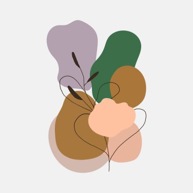 Vektör çizimi. Yeşil, turuncu, krem ve mor renkli yumuşak noktalı soyut kompozisyon. Siyah bitki hatları uyum ve doğallık hissi yaratır..