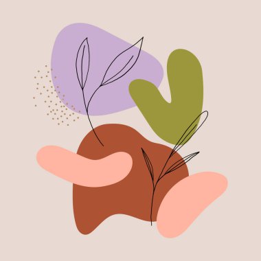 Vector illustration. Abstraction of warm tones with pink, green and brown spots. Thin plant contours create harmony between nature and modernity. clipart