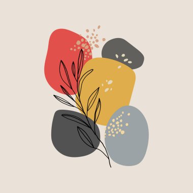 Vektör çizimi. Kırmızı, sarı, gri ve siyah noktalı soyut grafikler. Karşıtlık ince bitki çizgileri oluşturur.