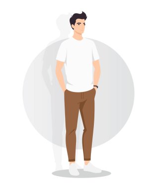 Adam gri-mavi tonlarda ve koyu renk pantolonlu klasik bir gömlek giyiyor. Aerodinamik, yine de zarif görünüş, ki bu iş arkadaşları için uygun..