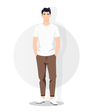 Vektör çizimi. Beyaz tişörtlü ve kahverengi pantolonlu bir adam. Hafifletilmiş biçim, dairesel aksanlı basit ışık arkaplanı.