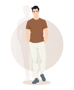 Vektör çizimi. Kahverengi tişörtlü ve açık renk pantolonlu bir adam sakince duruyor. Arka plan bej bir daire ile süslenmiş..