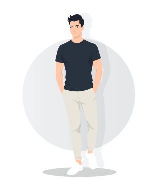 Vektör çizimi. Koyu renk tişörtlü ve açık renk pantolonlu rahat poz veren genç bir adam. Dairesel aksanlı hafif arkaplan.