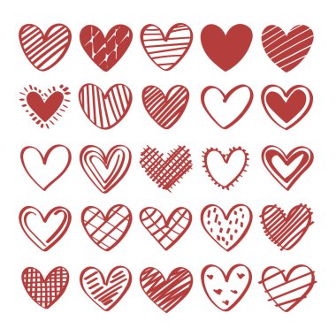 Vektör çizimi. Her kalp kendi tekniğiyle süslenmiş kırmızı ve pembe renkte bir kupa koleksiyonu çizgiler, vuruşlar ve desenlerle..