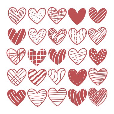 Vektör çizimi. Her kalp kendi tekniğiyle süslenmiş kırmızı ve pembe renkte bir kupa koleksiyonu çizgiler, vuruşlar ve desenlerle..