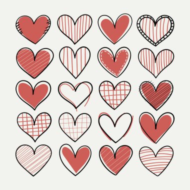 Vector illustration. Red hearts in the format of patterns with textures of cells, stripes, dots. Different styles of linear design on a white background. clipart