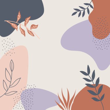 Vektör çizimi. Sıcak ve soğuk renklerde soyut kompozisyon, mavi, krema ve portakal da bunlardan biri. Yaprak hatları doğal estetik ekler..