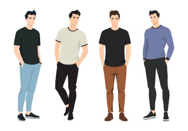 Modern kıyafetleri olan dört genç adam. Kotlar, kazaklar, tişörtler ve rahat ayakkabılar. Erkekler rahat dururlar, rahat bir şekilde dururlar..