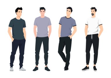 Vektör çizimi. Modern gündelik tarzında dört kişilik bir grup. Her biri, siyah, beyaz ve gri tonlarının nötr renkleri kullanılarak basit ama şık kıyafetler giyilir..