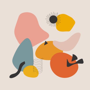 Vektör çizimi. Soyut şekiller, organik çizgiler ve pastel renklerde bitki elementleri pembe, sarı, turuncu. Hafiflik ve yumuşaklığın etkisi.