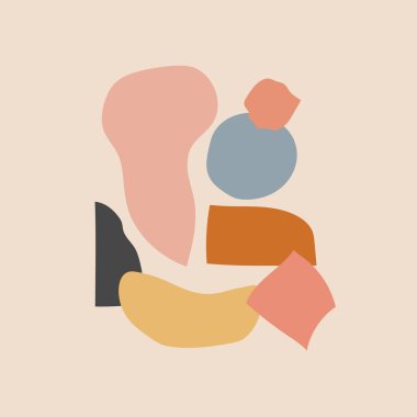 Vektör çizimi. Pastel renklerde geometrik şekillerin mozaik bileşimi. Daireler, dikdörtgenler, üçgenler kullanılır. Biçim ve rengin zıtlıklarına vurgu.