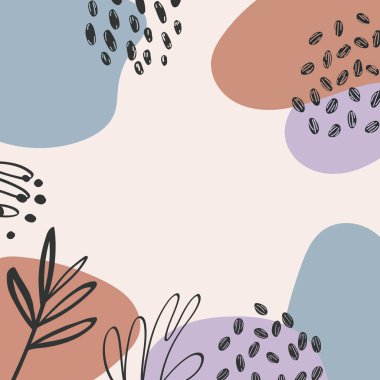 Akan şekiller ve şekilli yapraklarla modern soyut tasarım. Ana renkler bej, pembe, mavi, turuncu.