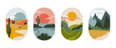 Vektör çizimi. Dikey oval şekillerde soyut küçük manzaralar. Renkler yeşil, mavi, turuncu. Doğal motifler dağlar, ağaçlar, güneş.