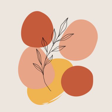 Vektör çizimi. Yaprakları andıran, sarı, turuncu ve kırmızı sıcak renklerde soyut şekillerin bir bileşimi. Doğanın uyumu için bir atmosfer yaratır..