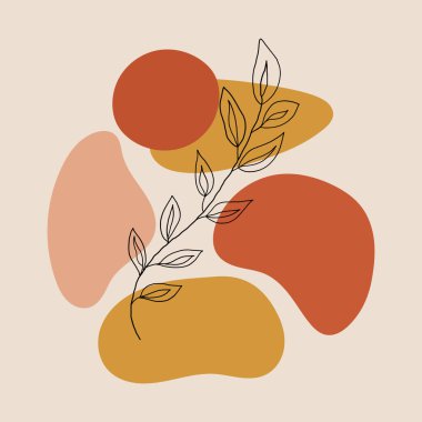 Vektör çizimi. Yumuşak şekillerin soyut bileşimi. Sıcak sarı, turuncu, kırmızı renkler. Bitki motifli organik biçim.