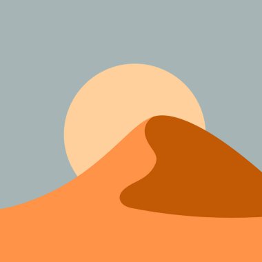 Vektör çizimi. Güneşin kum tepelerinin üzerinde yükseldiği soyut bir manzara. Sıcak ve sakin tonların kullanımı çöl günbatımının atmosferini yaratır..