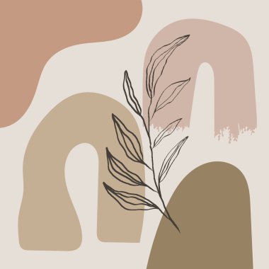 Kavisli şekilleri birleştiren soyut tasarım ve pastel bej, şeftali ve zeytin yeşili tonlarda doğrusal botanik detaylar, denge ve doğal güzelliği çağrıştırıyor..
