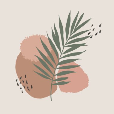 Soyut sanat eserleri yumuşak şeftali ve bej dokuları kaplayan tek bir palmiye yaprağını sergiliyor, ince siyah noktalı detaylarla geliştirilmiş..