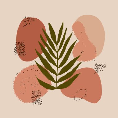 Yeşil bir palmiye yaprağının dokulu turuncu ve bej şekillerle çevrili olduğu minimalist soyut çizimler sıcak ve rahat bir atmosfer yaratıyor..