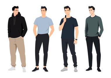 Vector illustration. Four male characters in casual clothing, displaying a casual fashion style. clipart