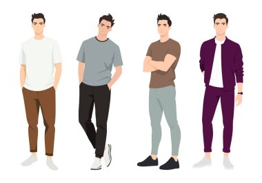 Vektör çizimi. Gündelik ve sportif giyinmiş beş erkek figürü, her biri benzersiz bir pozda, modern moda sergiliyor..