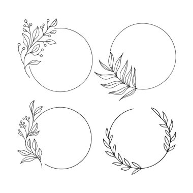 Küçük, dağınık botanik elementlerle süslenmiş dairesel çerçeveler. Minimalist tasarımlar ya da doğadan esinlenilmiş markalar yaratmak için mükemmel..