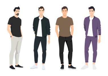 Her gün tişört, bombacı ceketi ve eşofman giyen dört kişinin vektör çizimi. Minimalist tarz ve sakin duruş.