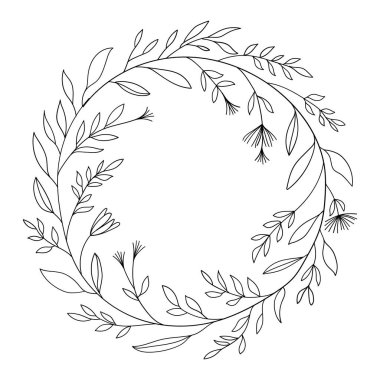 İnce dalları, küçük yaprakları ve çiçek aksanlı dairesel bir çelenk. Düğün tasarımları, davetiyeler ve logolar için mükemmel..