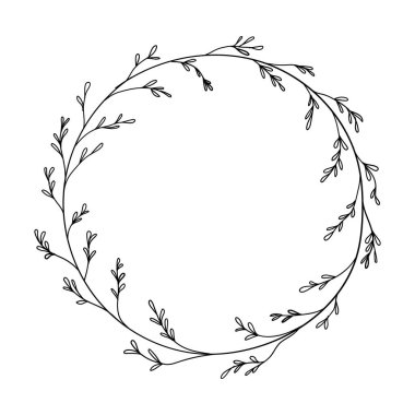 Vektör çizimi. Minimalist siyah ve beyaz tarzında yoğun yapraklı büyük, karmaşık bir çelenk..