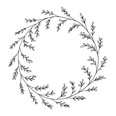 Vektör çizimi. Minimalist siyah ve beyaz tarzında yoğun yapraklı büyük, karmaşık bir çelenk..